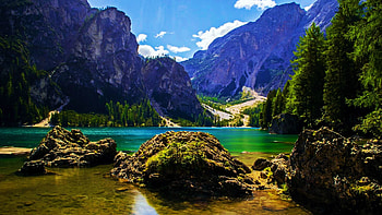 Lago di Braies, Dolomites, Italy, dolomites, trees, sky, rocks, mountains, alps HD wallpaper