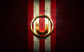 Universitario de Deportes FC, golden logo, Liga 1 Apertura, red metal background, football, peruvian football club, Club Universitario de Deportes logo, soccer, Club Universitario de Deportes HD wallpaper