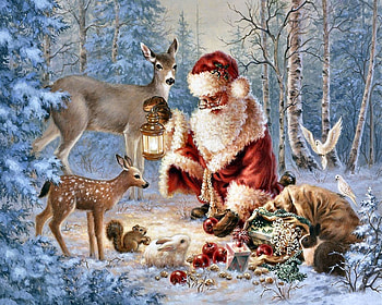 Santa Feeding Wildlife F, winter, occasion, apples, holiday, scenery, painting, snow, rabbit, December, dove, bird, art, beautiful, illustration, artwork, wide screen, Santa, Christmas, deer, squirrel HD wallpaper