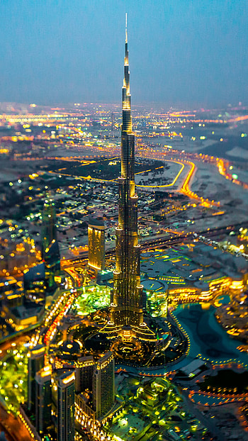 Burj Khalifa , Dubai cityscape, City lights, Tilt shift HD phone wallpaper