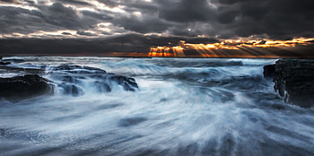 Mist, clouds, body of water, sunset, coast HD wallpaper