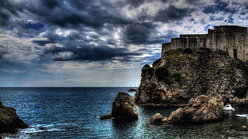 lovrijenac fortress in dubrovnik croatia r, sea, clouds, r, cliff, fortress, rocks HD wallpaper