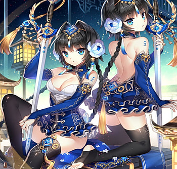 Twins Samurais, night, blue, black, lanterns, cute, long hair, dress, beauty, lady, gems, female, sweet, white, sisters, art, blue eyes, beautiful, black hair, sock, samurais, anime, pretty, light, sky, girls, flowers, women, katana, hair HD wallpaper