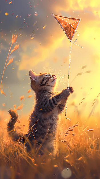 Kitty and kite 2, Joy, cute, kitten, cat, cute cat HD phone wallpaper
