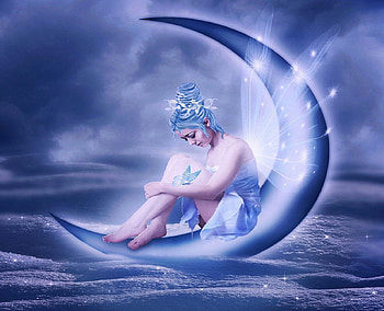 ~Crescent Moon in the Snow~, blue, colors, beautiful girls, digital art, butterfly, snow, animals, sparkle, crescent moon, female, wings, white, model, creative premade, weird things people wear, girl, backgrounds, fantasy, manipulation, cool, softness beauty, hair HD wallpaper
