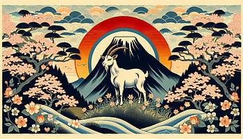 Goat in Majestic Mountain Landscape, goat, mountain, cherry blossom, sunrise, landscape HD wallpaper