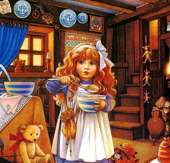 Honey for the Bears, artwork, teddybears, table, stairs, room, painting, girl, bowls HD wallpaper