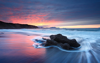 Sunset, sea, colors, rocks, beach, reflection, clouds, nature, sky, ocean HD wallpaper