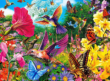 Hummingbird garden, colorful, birds, art, garden, beautiful, spring, butterflies, pretty, freshness, hummingbird, flowers HD wallpaper