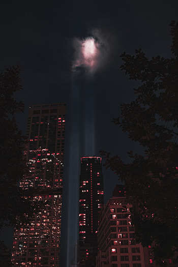 Night, City, Building, Dark, Shine, Light, Rays, Beams HD phone wallpaper