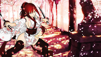 Anime - Fairy Tail Erza Scarlet Sakura Blossom Katana Yukata Red Hair Long Hair Girl HD wallpaper