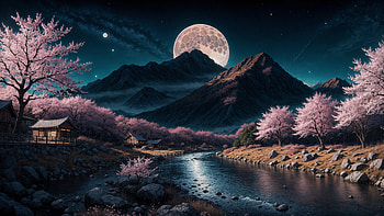 Moonlit Cherry Blossom Valley -, AI Art, fantasy, landscape, mountain, river, cherry blossom, moon, fantasy landscape HD wallpaper
