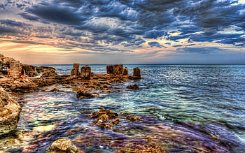 Sunrise, colorful, colors, peaceful, beauty, waves, amazing, ocean, sea, beautiful, rocks, summer, view, clouds, nature, sky, lovely, splendor HD wallpaper