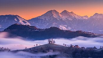 Slovenian Churches, mountains, mountain, trees, tree, snow, mist, clouds, nature HD wallpaper