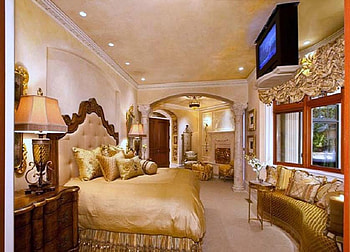 A good night's sleep, bedroom, luxury, window, lights, lamps, gold decor, cushions, television HD wallpaper