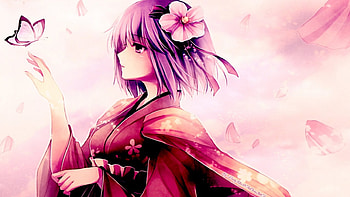 Touhou, cute, girl, beautiful, beauty, pink, anime, butterfly, red, flowers HD wallpaper