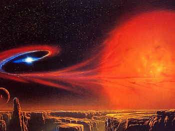 red giant star, planet, moon, blackhole, stars, sun, canyons HD wallpaper