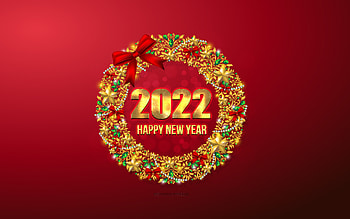 2022 New Year, , Golden Christmas wreath, Happy New Year 2022, Red Christmas background, 2022 concepts, 2022 Christmas background, 2022 greeting card HD wallpaper