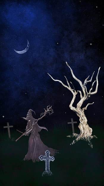 Witching Hour, sky, halloween, moon, horror, grave, night, stars, galaxy HD phone wallpaper