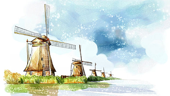 Holland Windmills, architecture, art, windmills, landscape, beautiful, artwork, scenery, wide screen, painting, Holland, Netherlands HD wallpaper