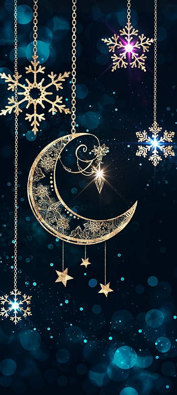 Fantasy Snowflake, gold, art, moon, world, star HD phone wallpaper