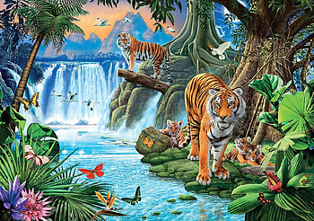 Tigers, animal, tiger, art, summer, jungel, fantasy, tigru, waterfall, luminos HD wallpaper