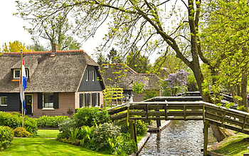 Spring in The Netherlands, canal, trees, bridges, spring, houses, Netherlands HD wallpaper