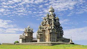 magnificent wooden cathedral, wood, clouds, grass, domes, cathedral HD wallpaper