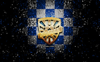 Jicaral FC, glitter logo, Liga FPD, blue white checkered background, soccer, Costa Rican football club, ADR Jicaral logo, mosaic art, football, ADR Jicaral HD wallpaper