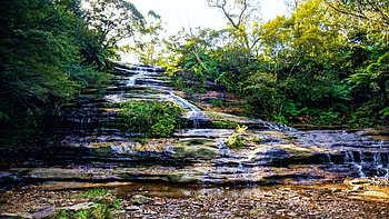 Waterfall cascading over rocks in the Blue Mountains of New South Wales, Australia, river, cascades, trees, sky, water, stones HD wallpaper
