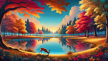 Autumn Serenity Lake, Autumn, landscape, deer, lake, colorful trees HD wallpaper