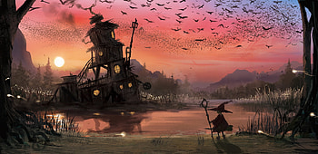 Witch's house, black, bird, house, witch, halloween, anime, red, hirokima, luminos, water, manga, sunset HD wallpaper