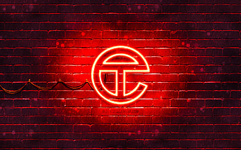 Telfar red logo, , red brickwall, Telfar logo, brands, Telfar neon logo, Telfar HD wallpaper