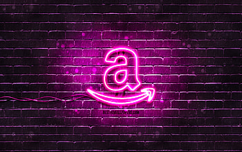 Amazon purple logo, , purple brickwall, Amazon logo, brands, Amazon neon logo, Amazon HD wallpaper