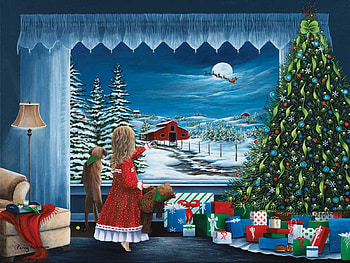 Santa's Coming, dog, sleigh, window, moot, gifts, christmas tree, child, santa, barn HD wallpaper