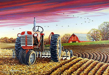 The Quiet Time, harvest, travtor, field, barn, painting, autumn HD wallpaper