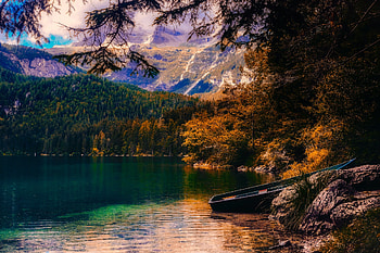Countryside Beautiful Autumn Season Sunset Boat Landscape Moutains, nature, autumn, sunset, landscape, mountains, boat, autumn, lake, trees HD wallpaper