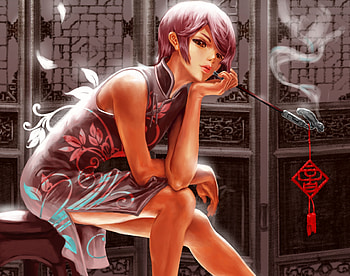 Taking a Break, japanese, pipe, asian, art, smoking, girl, beautiful, dress, woman, lady, painting, anime, pretty, drawing, cigarette, legs HD wallpaper