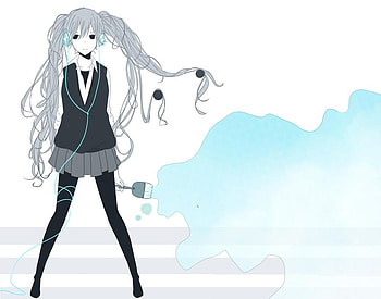 painting Miku, blue, white, black, piant, hatsune miku, vocaloid, miku, music, gray, pony tails, painting, hatsune HD wallpaper