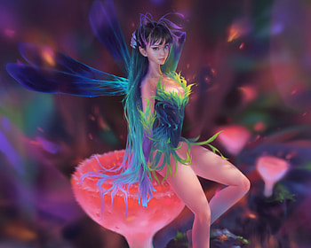 Fairy, girl, blue, frumusete, art, z wy, mushroom, dark, pink, zwy, zwyart, fantasy HD wallpaper