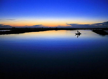 Blue Evening, blue, boat, sky, water, lake, sunset, evening HD wallpaper
