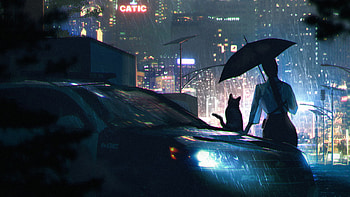 Off Duty, rain, umbrella, cat, alone, artist, artwork, digital-art, artstation HD wallpaper