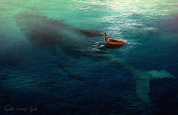 Ocean by Gretel Lusky, blue, whale, boat, sea, girl, orca, summer, gretel lusky, view from the top, fantasy, fish, luminos, water, vara, ocean HD wallpaper