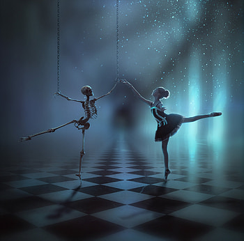 Midnight dance, blue, frumusete, black, bones, dance, art, girl, ballerina, halloween, fantasy, nisha2313, couple, love and hatred, luminos, skeketon HD wallpaper