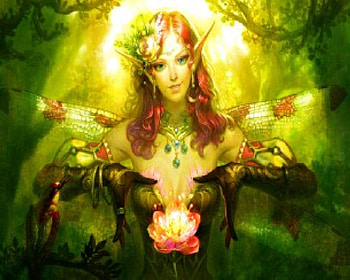 Fairy And Magic Rose, fairy, woods, bird, fantasy, red head, dragonfly wings HD wallpaper