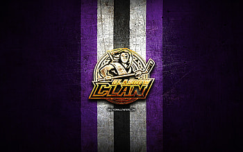 Glasgow Clan, golden logo, Elite League, violet metal background, english hockey team, Glasgow Clan logo, hockey HD wallpaper