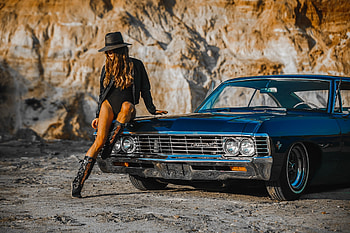 Car and the girl, jean, cowgirl, model, car HD wallpaper