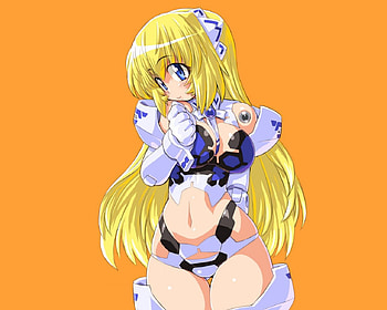 busou shinki, blue eyes, navel, girl, large breasts, long hair, orange, mechagirl, blonde hair, blush, solo HD wallpaper