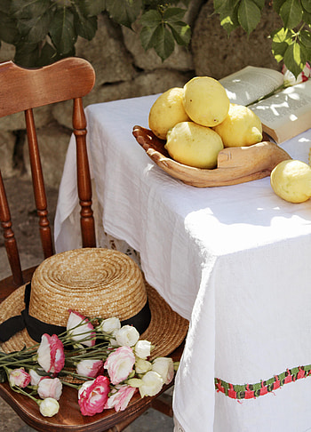 Flowers, Lemons, Miscellanea, Miscellaneous, Chair, Table, Citrus, Hat, Citruses HD phone wallpaper