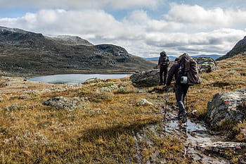 Adventurous hikers explore the scenic Vålådalen landscape in Sweden during fall. HD wallpaper